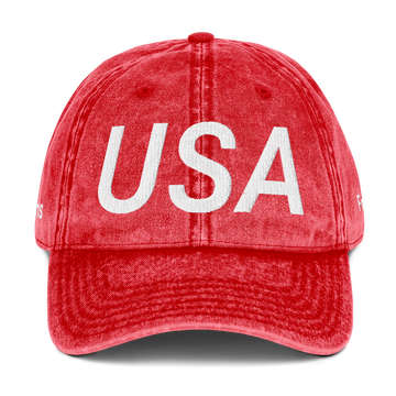 Red cap with 'USA' printed on it against a white background