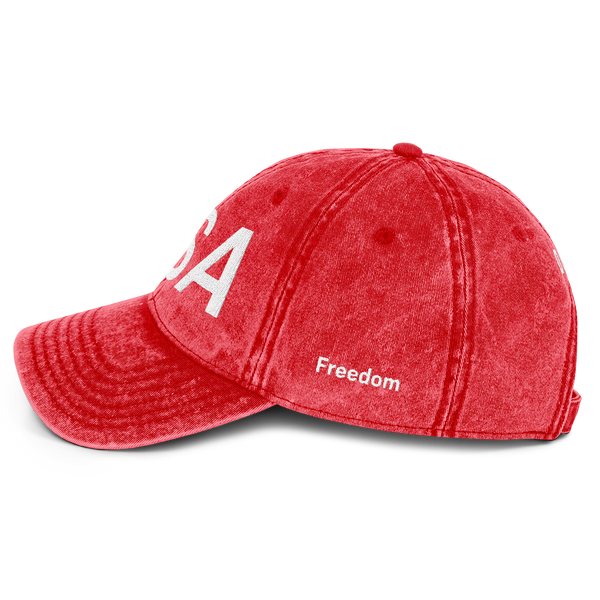 Red cap with 'USA' and 'Freedom' text on a white background